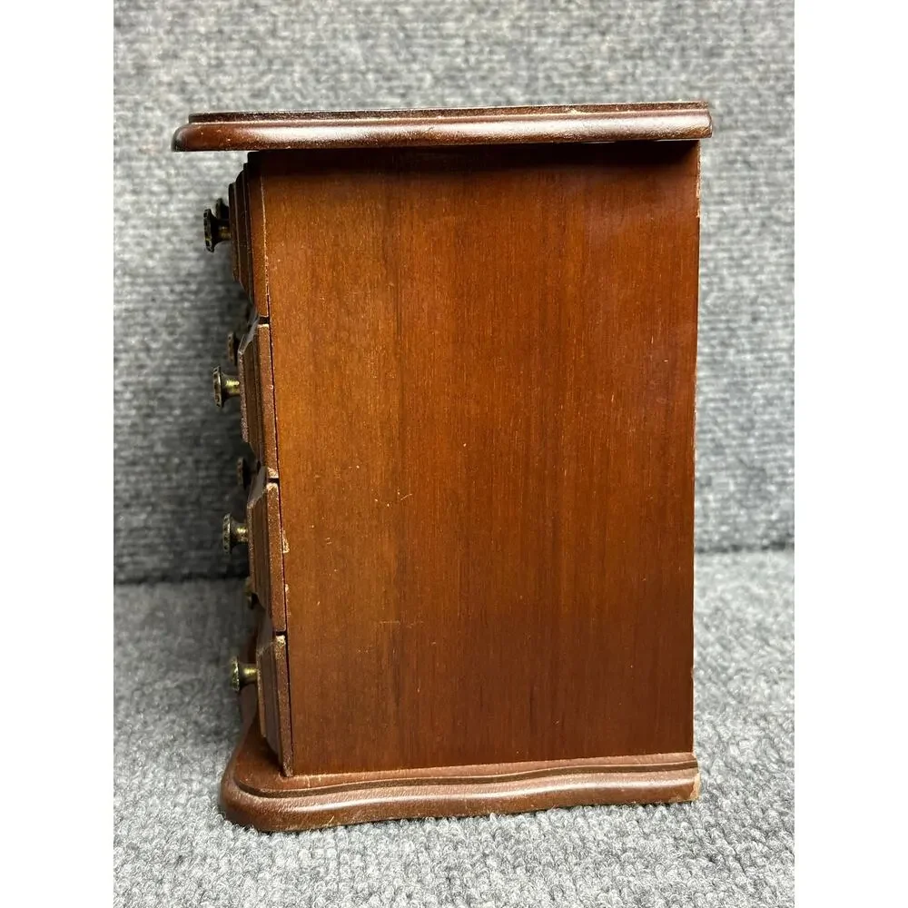 Vintage wooden jewelry box chest drawers hinged top three drawers velvet lined